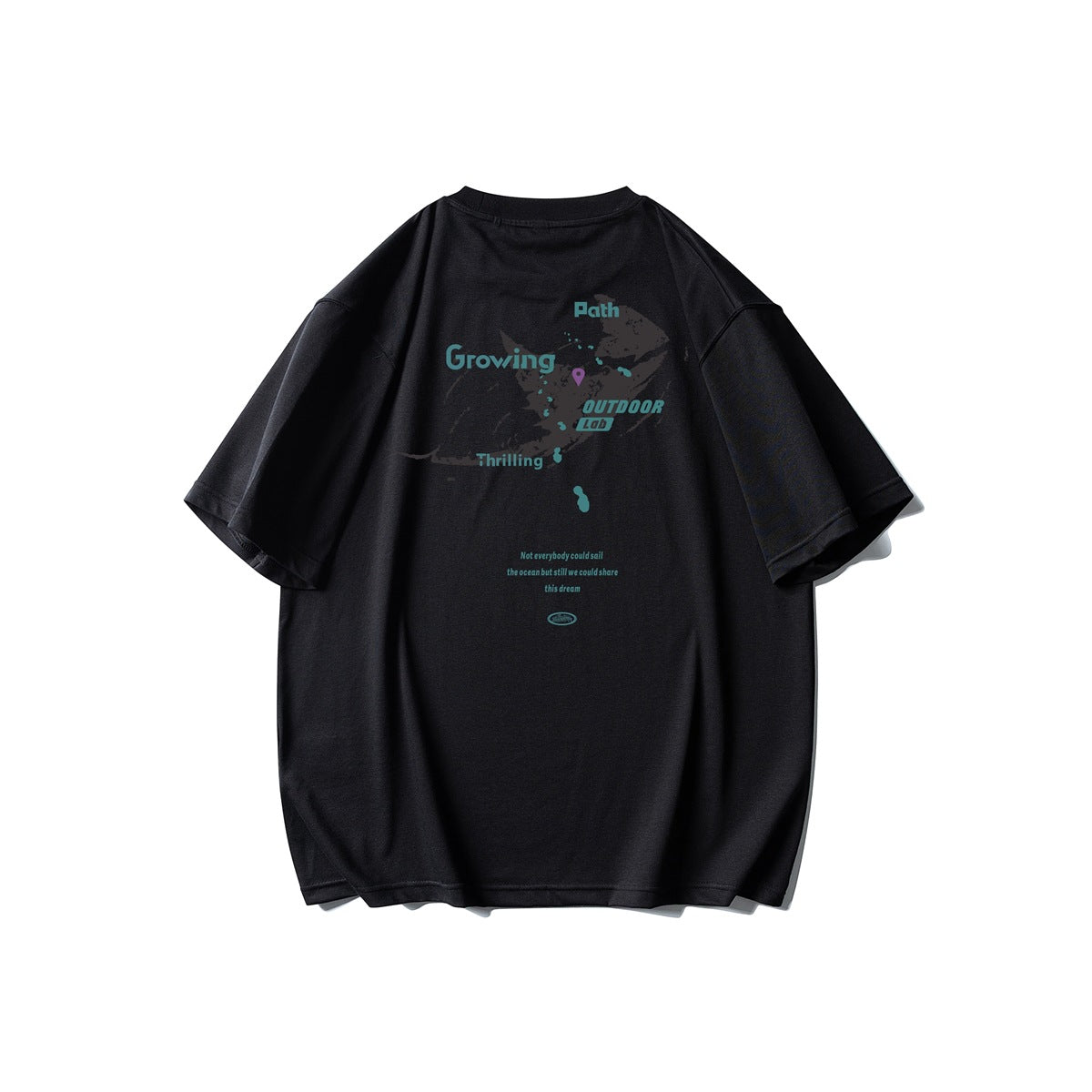 Back view of a black short-sleeve T-shirt with a teal outdoor-themed graphic and English text.