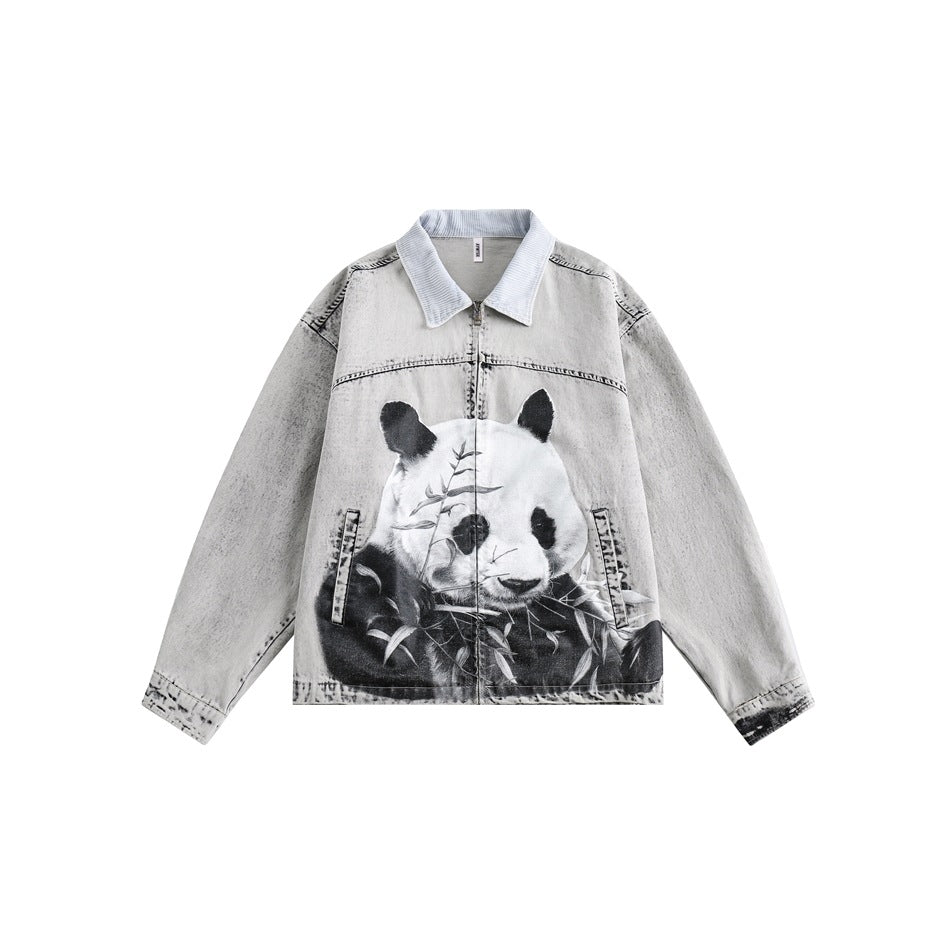 Gray washed denim-style jacket with panda graphic, striped contrast collar and front zip, flat lay on white