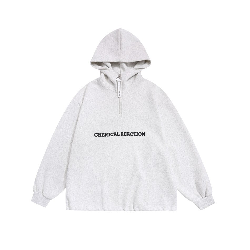 Heather gray quarter-zip hoodie with black 'CHEMICAL REACTION' chest print, flat front view