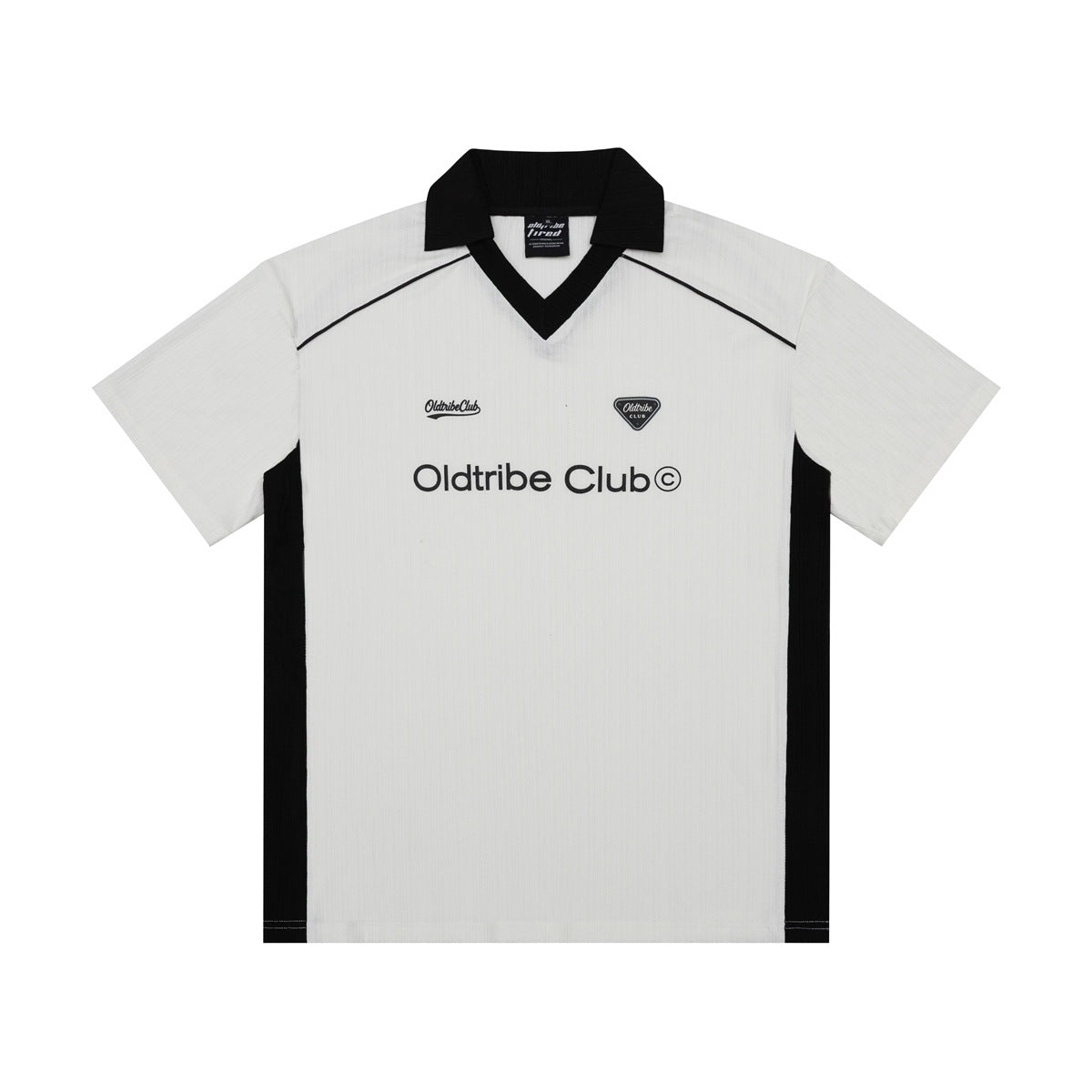 White short-sleeve V-neck collared football-style top with black collar, side panels, piping and chest text graphic