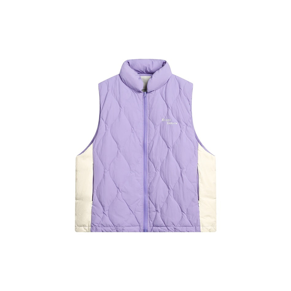 Purple quilted stand-collar vest with center zipper and cream side panels, front view on white background