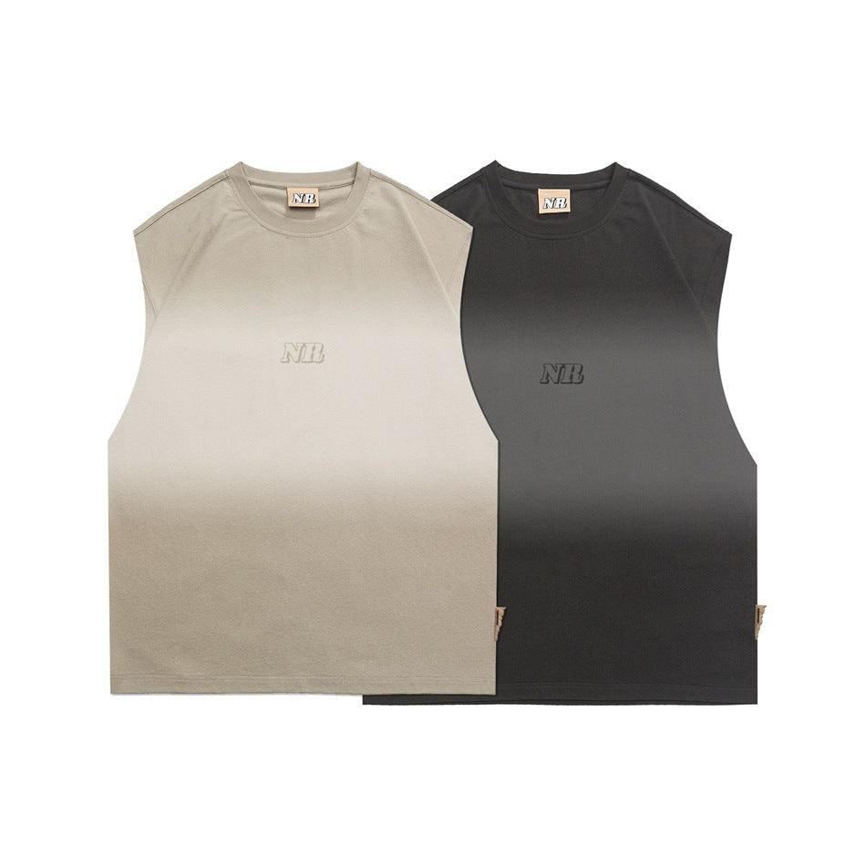 Two sleeveless crew-neck shirts shown from the front, one light beige and one charcoal, each with a small chest logo.