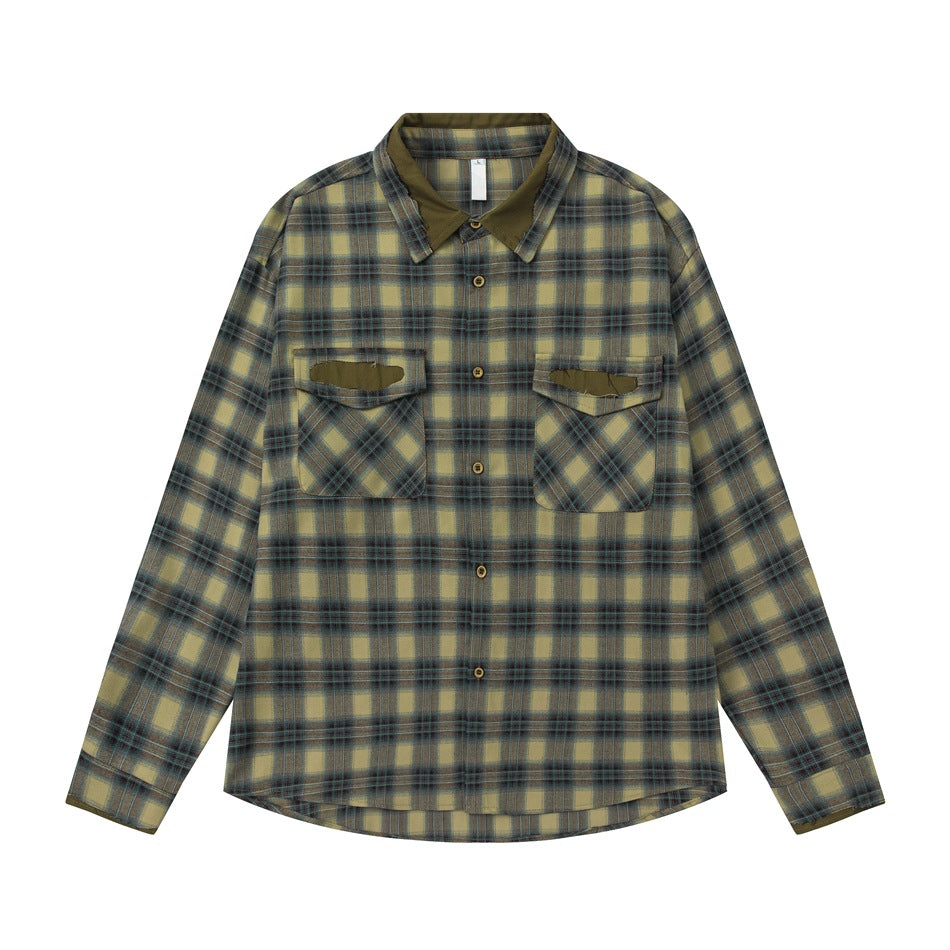 Green plaid long-sleeve button-up shirt flat lay with olive collar lining, two flap chest pockets and curved hem