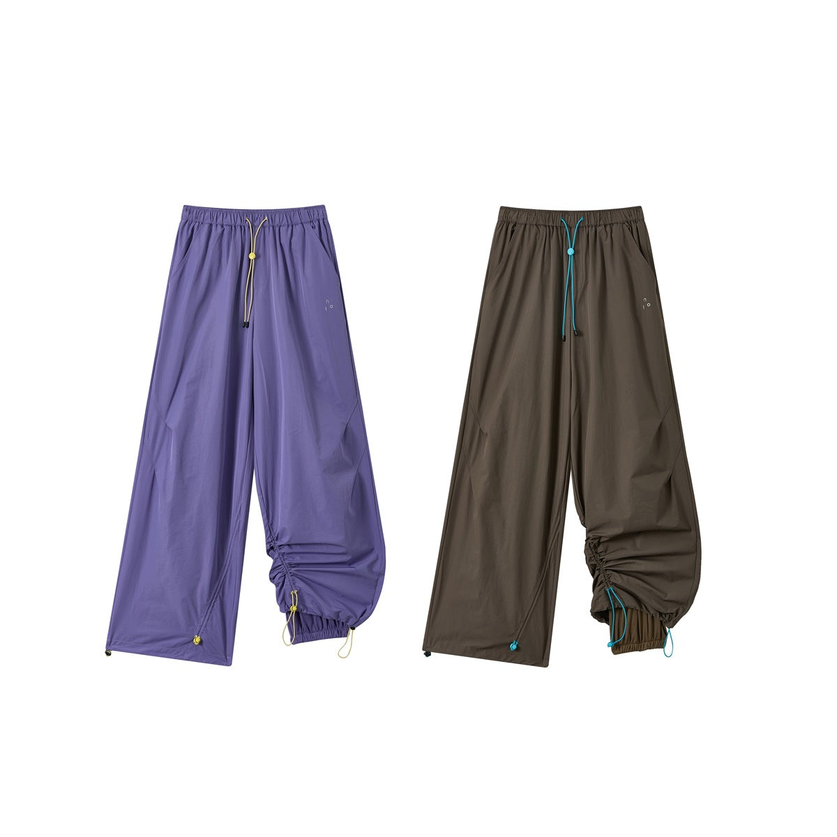 Lavender and dark brown wide-leg pants shown side by side, with adjustable drawcord hems.