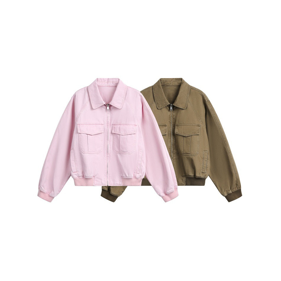 Two zip-front jackets shown together: one light pink and one olive-brown, both with collars and flap chest pockets.