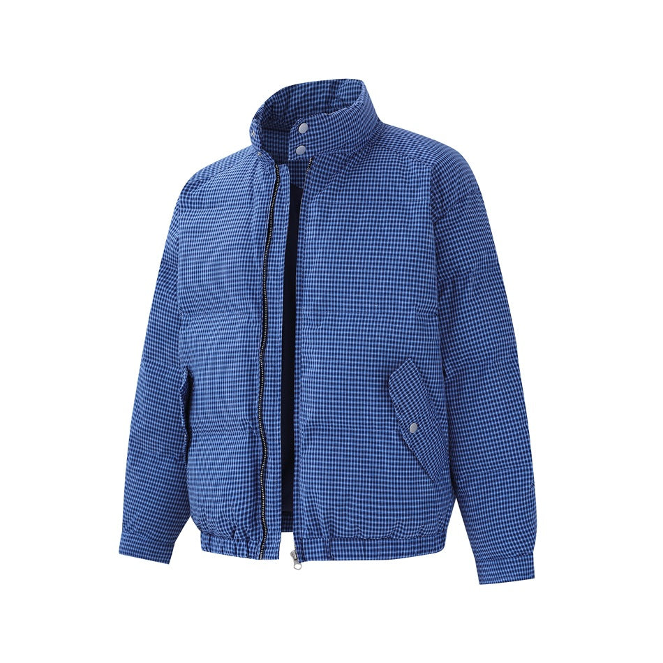 Blue check quilted jacket angled view with front zipper partly open, showing stand collar and flap pocket