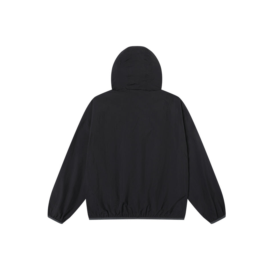 Back view of black hooded jacket with plain back and gray-trimmed elastic hem and cuffs