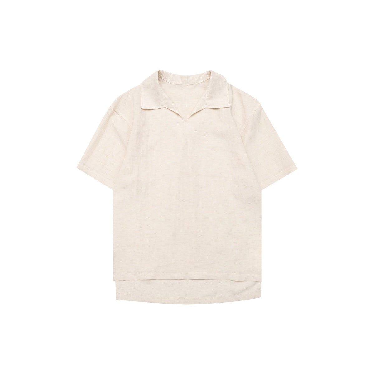 Oatmeal beige short-sleeve polo-style top with open V-neck collar and stepped hem, flat lay on white background