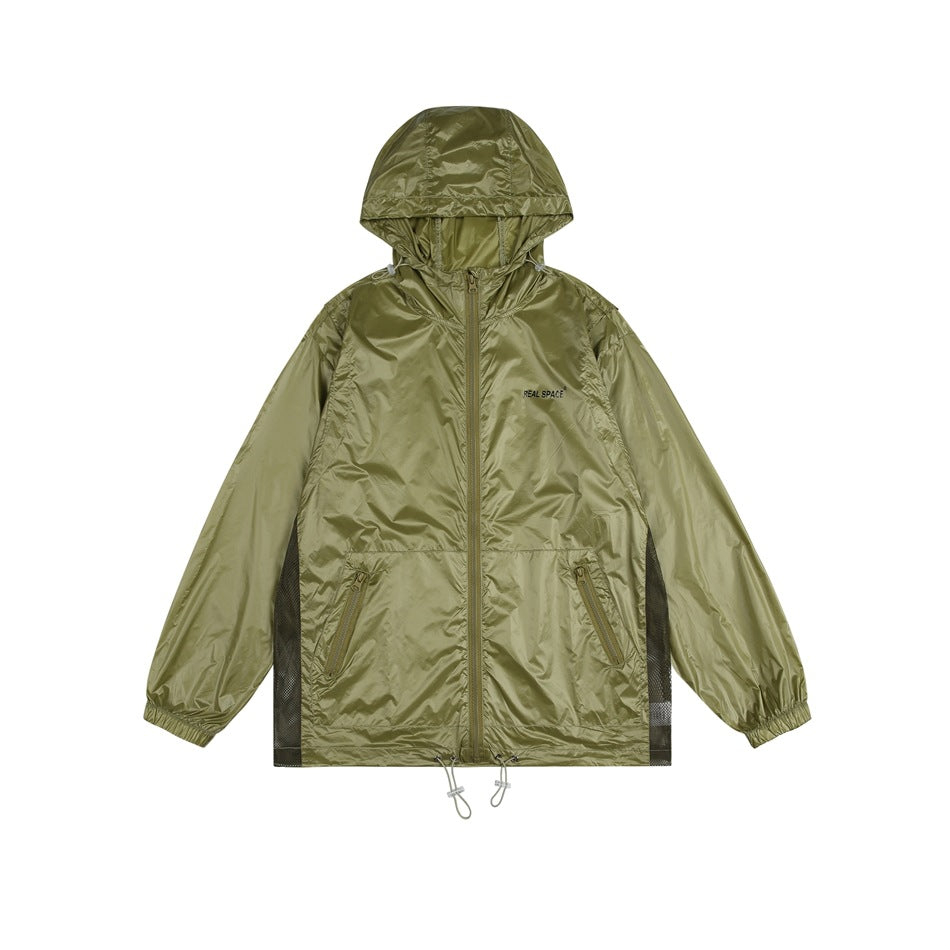 Olive green hooded zip jacket with side mesh panels, zip pockets, elastic cuffs and drawcord hem, flat lay front view