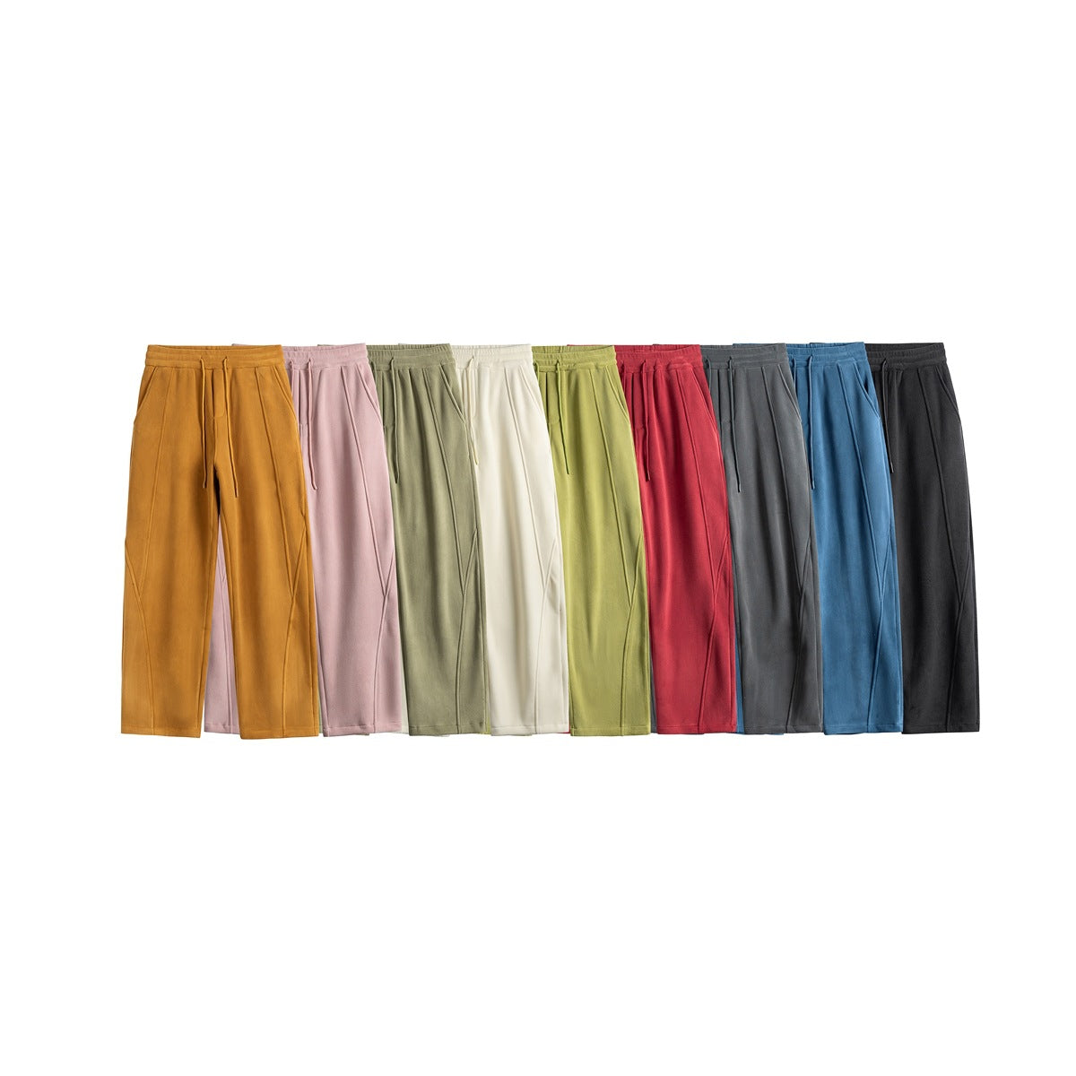 Nine pairs of straight-leg drawstring pants shown together in mustard, pink, sage, cream, olive, red, gray, blue, and black.