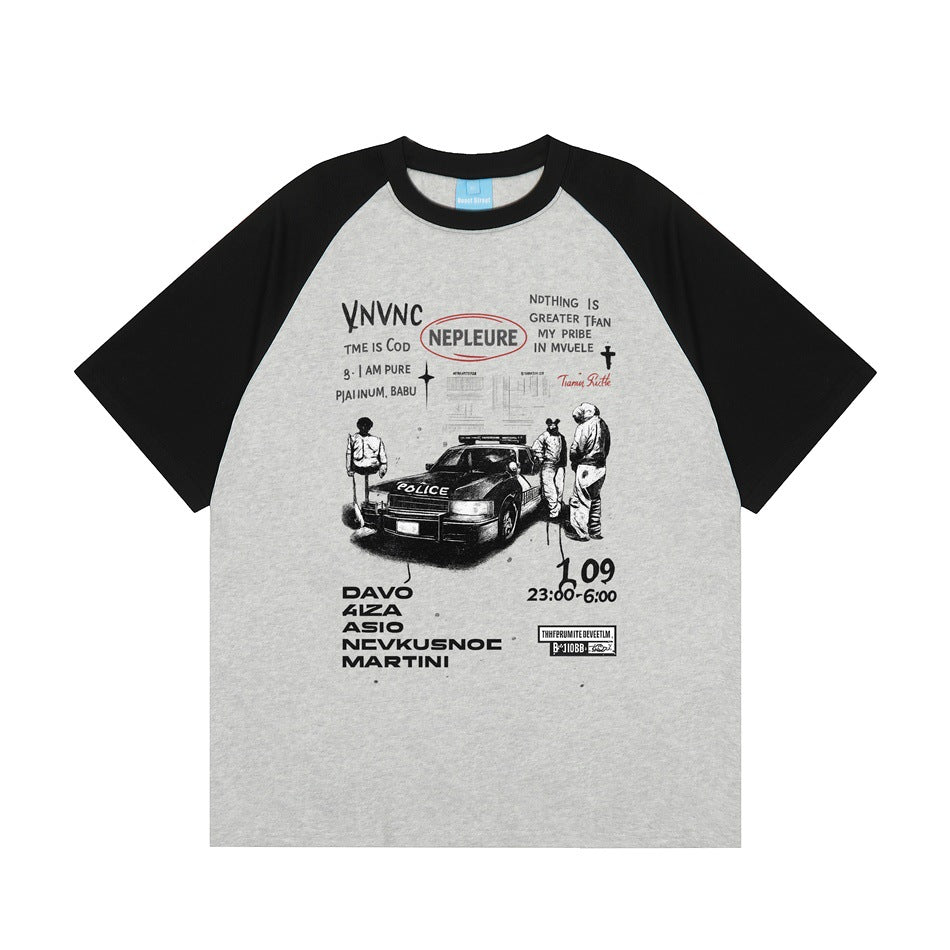 Gray raglan T-shirt with black sleeves and a police car graphic on the front