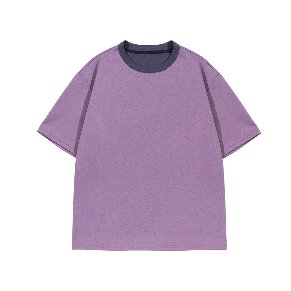 Purple short-sleeve crew-neck T-shirt with dark slate contrast collar, flat front view