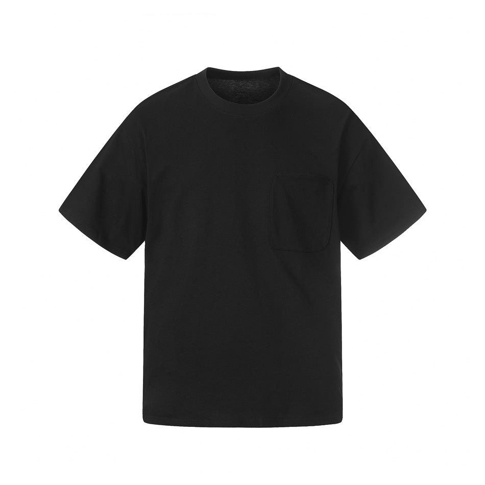 Black short-sleeve crew-neck T-shirt with chest patch pocket, flat front view