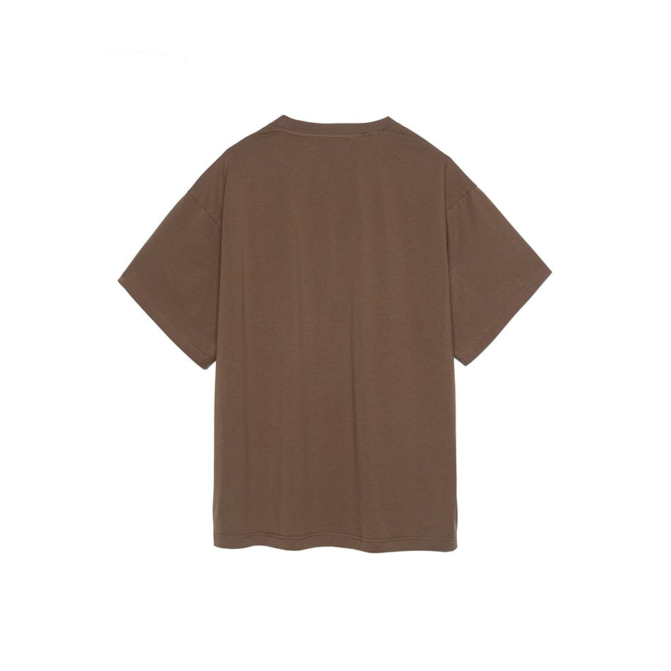 Back view of a plain brown short-sleeve crew-neck T-shirt with dropped shoulders