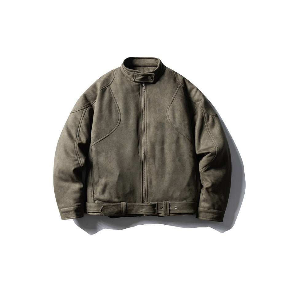 Green suede-look stand-collar zip jacket with curved seam panels and buckled hem belt, flat front view