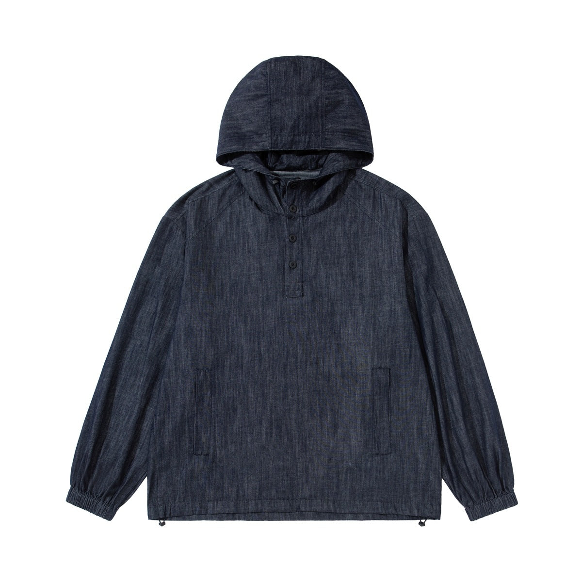 Dark blue denim-look pullover hooded jacket flat lay with button placket, front pockets, elastic cuffs and drawcord hem