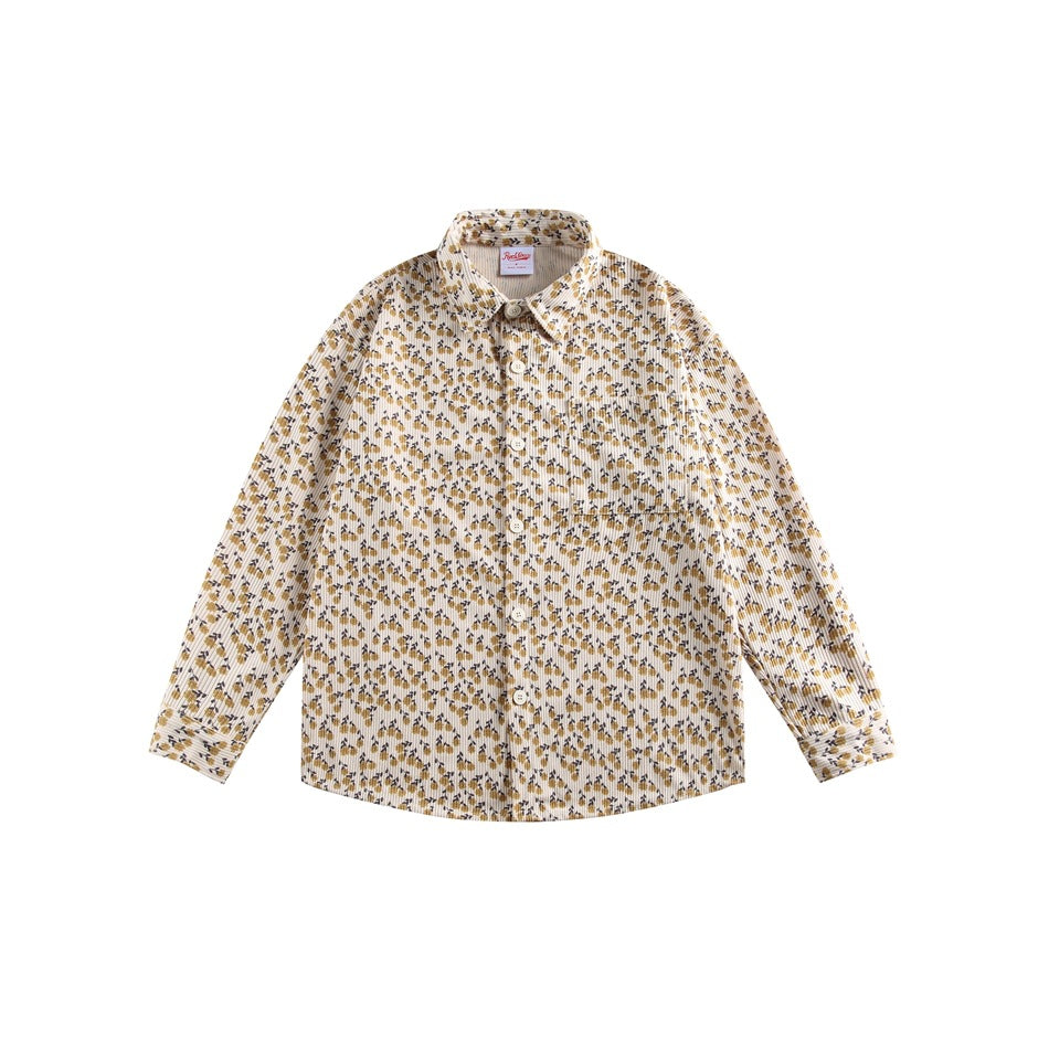 Yellow mustard floral print long-sleeve button-up shirt with pointed collar and chest pocket, flat lay on white