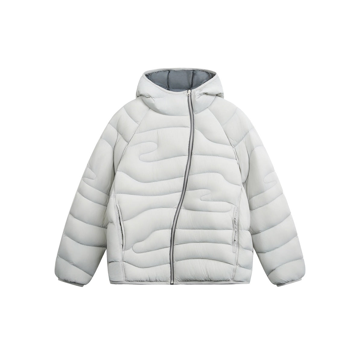 Gray hooded quilted puffer jacket with diagonal front zipper and wavy quilting, front flat view