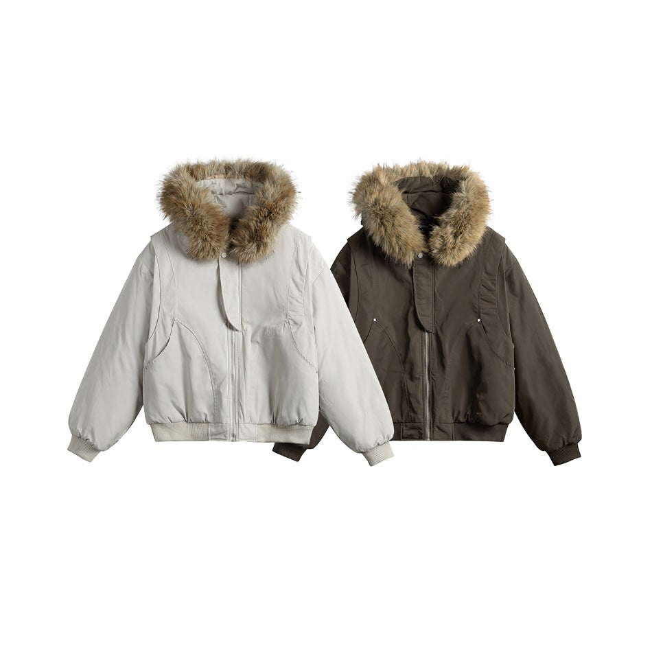 Two front views of fur-trimmed bomber jackets, one light gray and one dark brown.