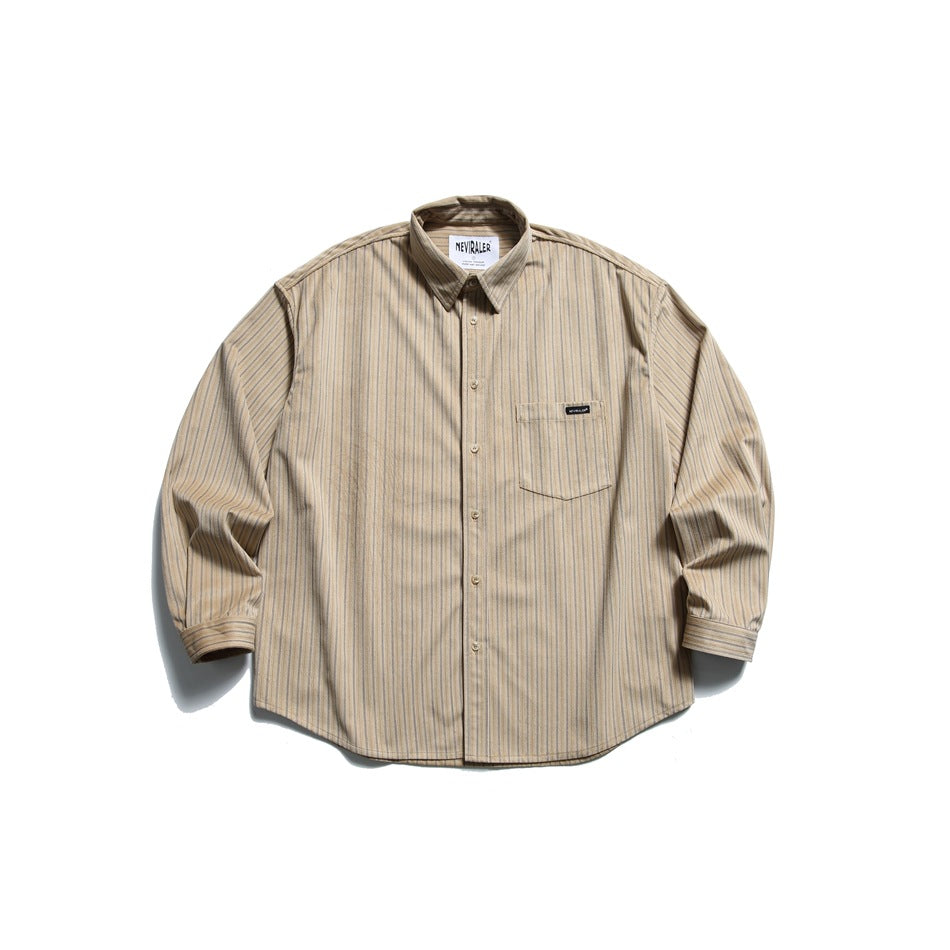 Apricot beige striped long-sleeve button-up shirt with chest pocket, flat lay front view