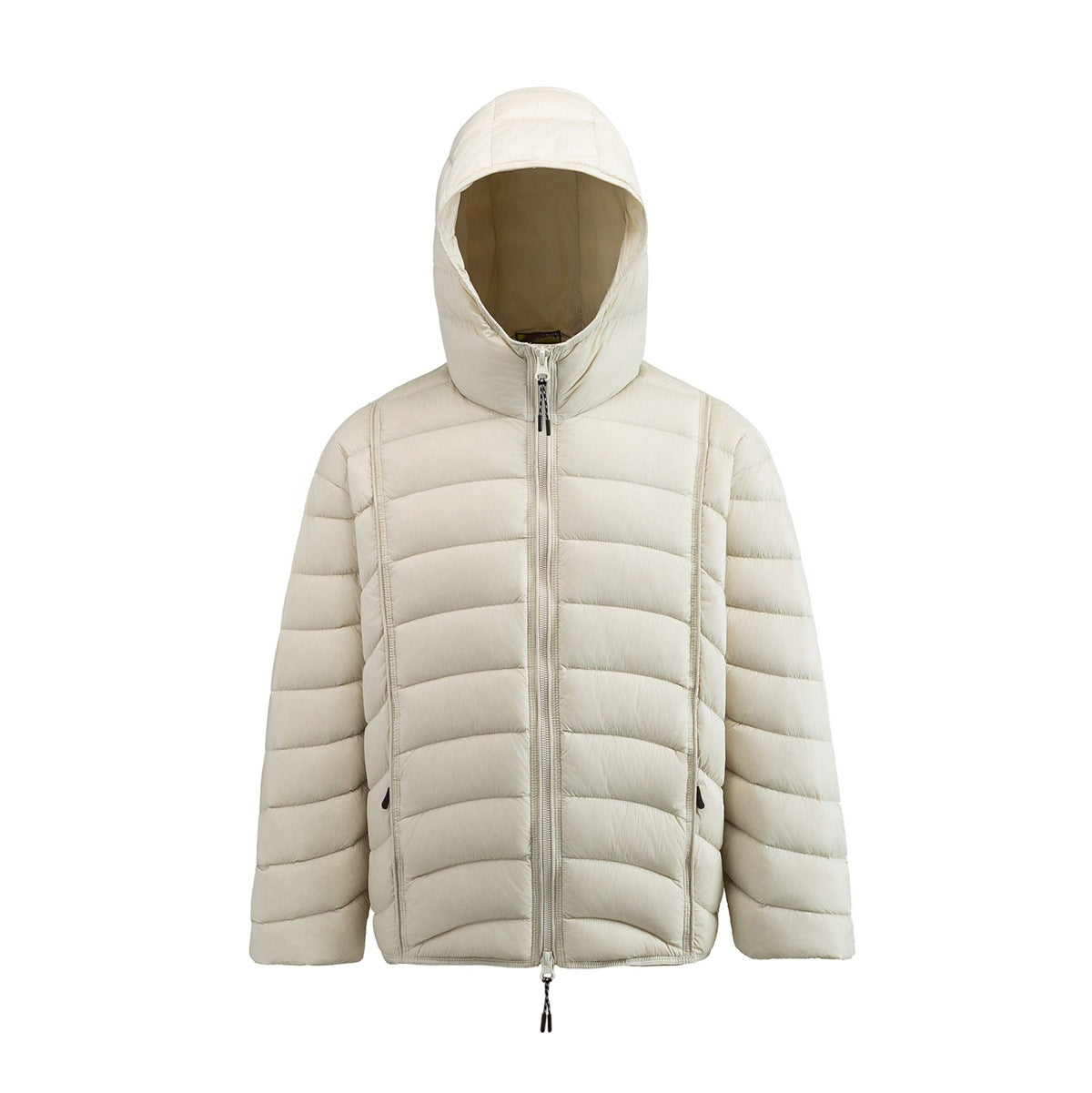 Beige hooded quilted puffer jacket with full front zipper, shown flat from the front