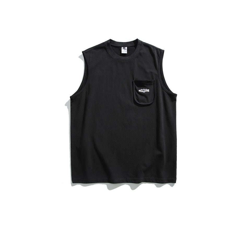Black sleeveless crew-neck tank top with chest pocket and small white fish logo, flat front view