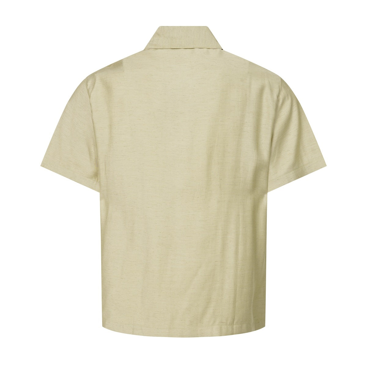 Back view of a pale beige short-sleeve collared shirt.