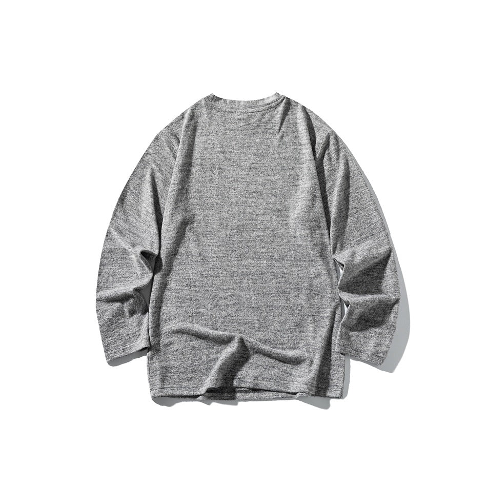 Full view of a gray marled long-sleeve crewneck shirt laid flat, showing the plain front.