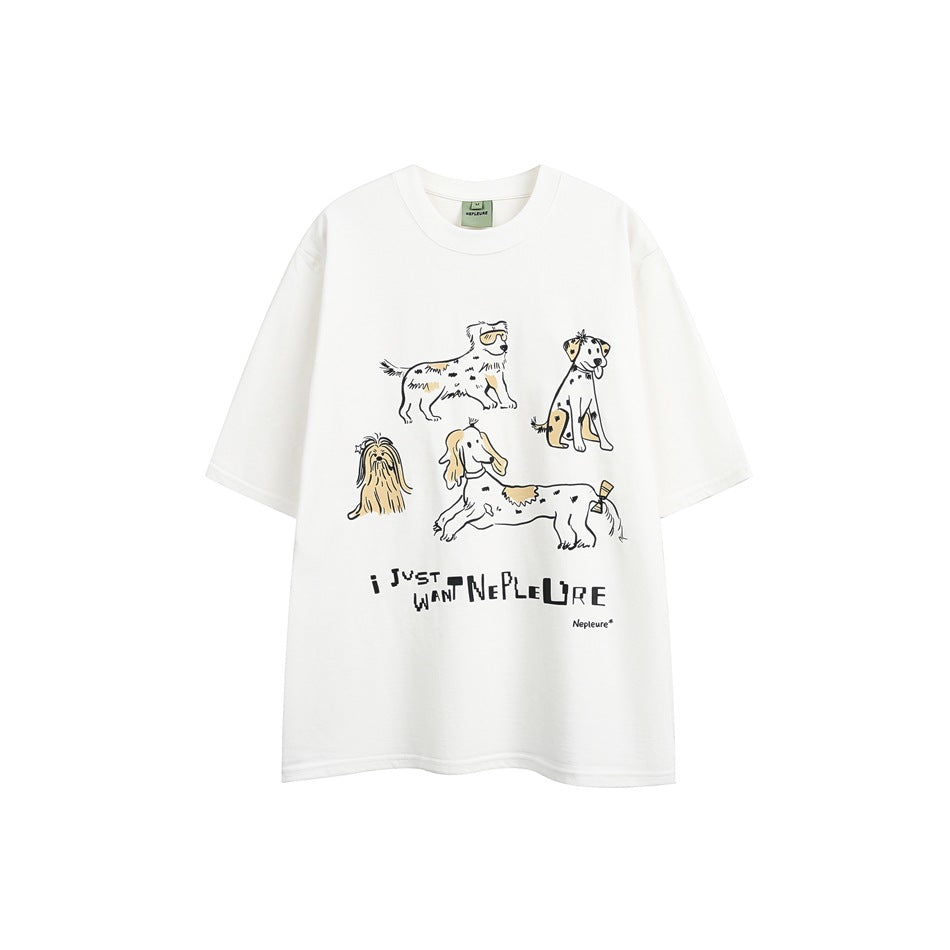 White short-sleeve crew-neck t-shirt with illustrated dogs and stylized slogan print on the front