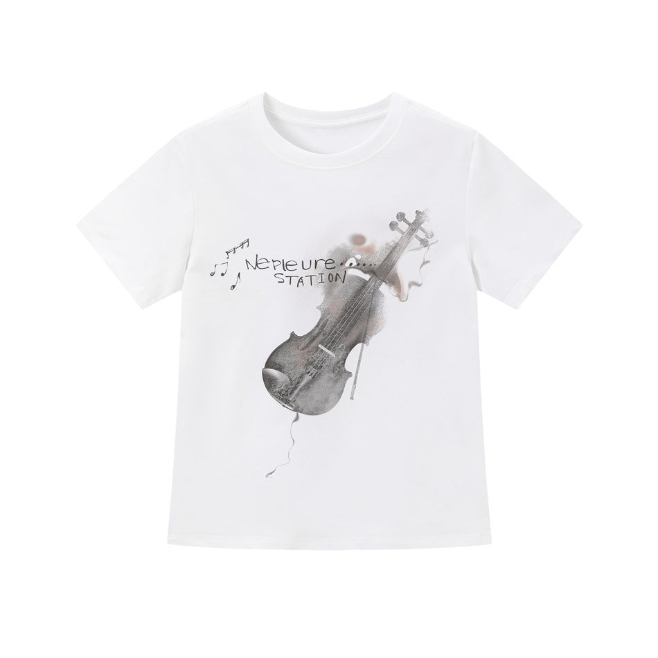 White short-sleeve t-shirt with a gray violin graphic and music notes printed on the front