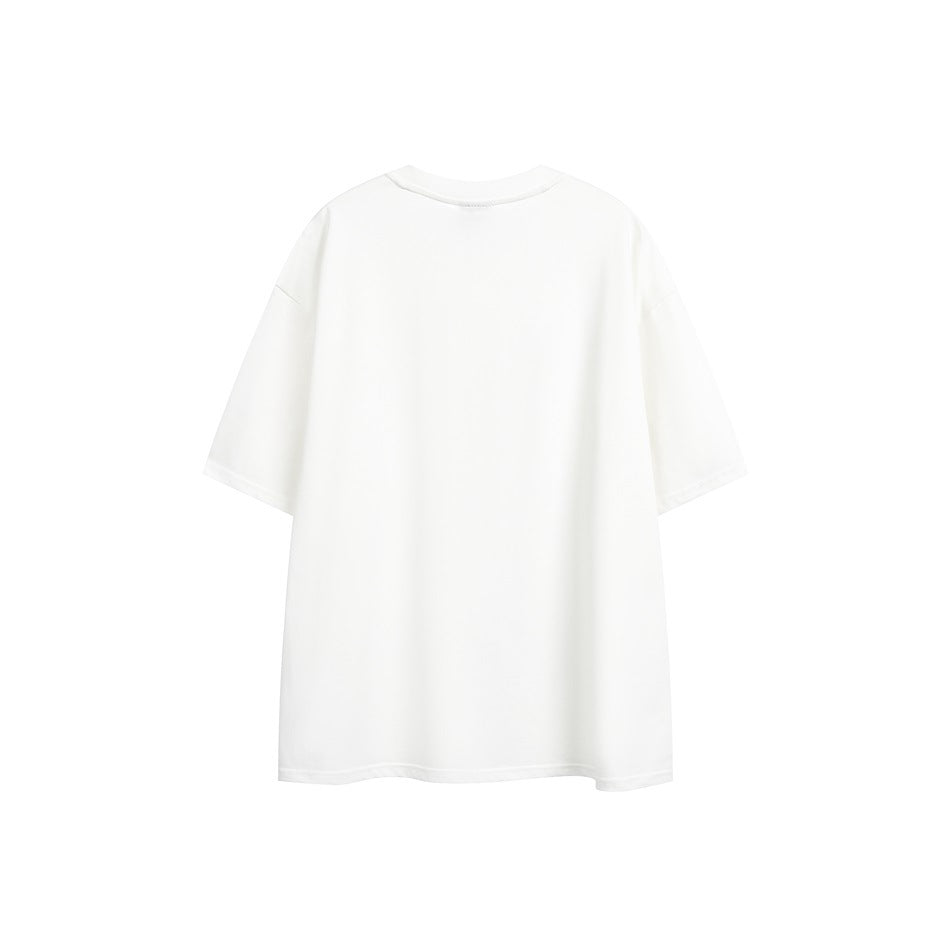 Back view of a plain white short-sleeve crew-neck T-shirt with dropped shoulders