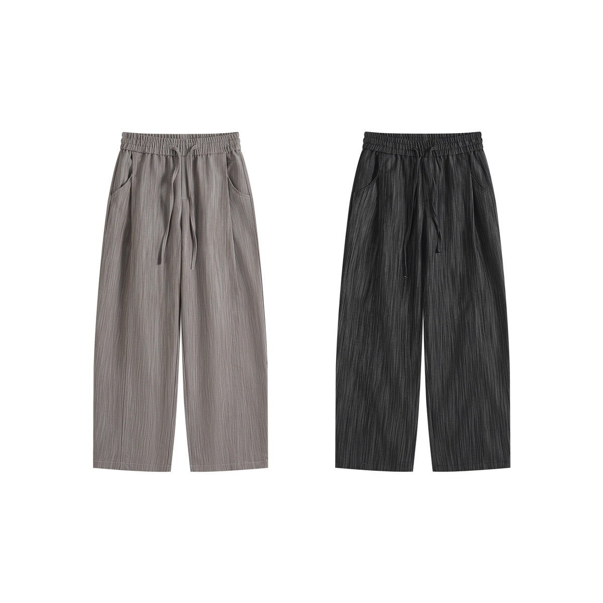 Front views of wide-leg drawstring trousers in taupe gray and black, shown side by side.