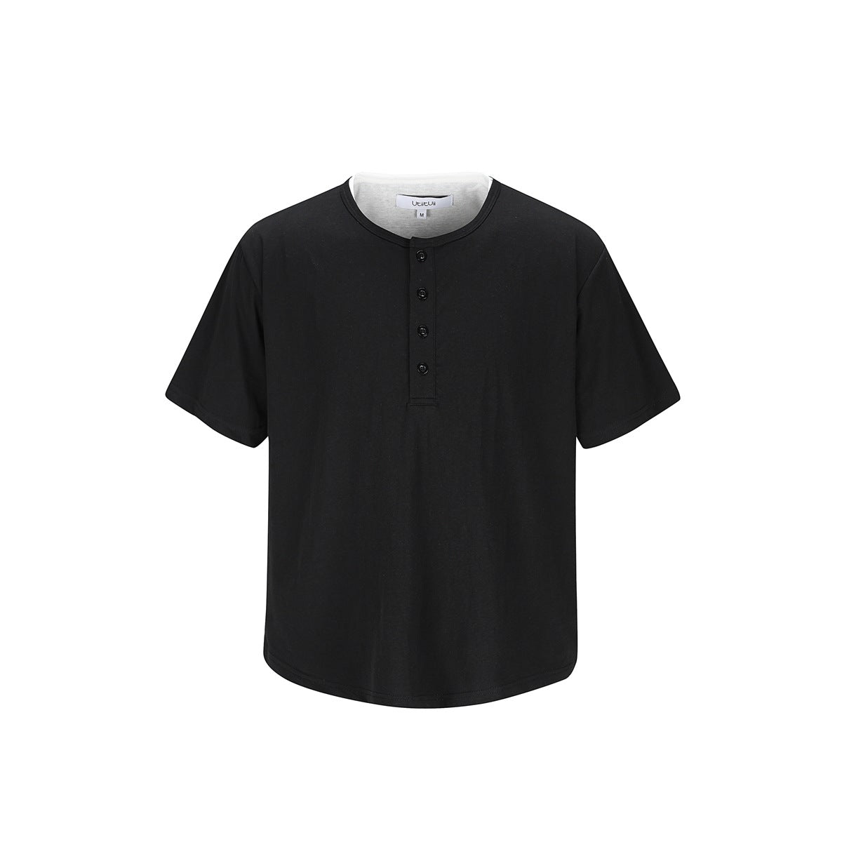 Black short-sleeve Henley T-shirt with four buttons and light gray layered neckline, front flat view