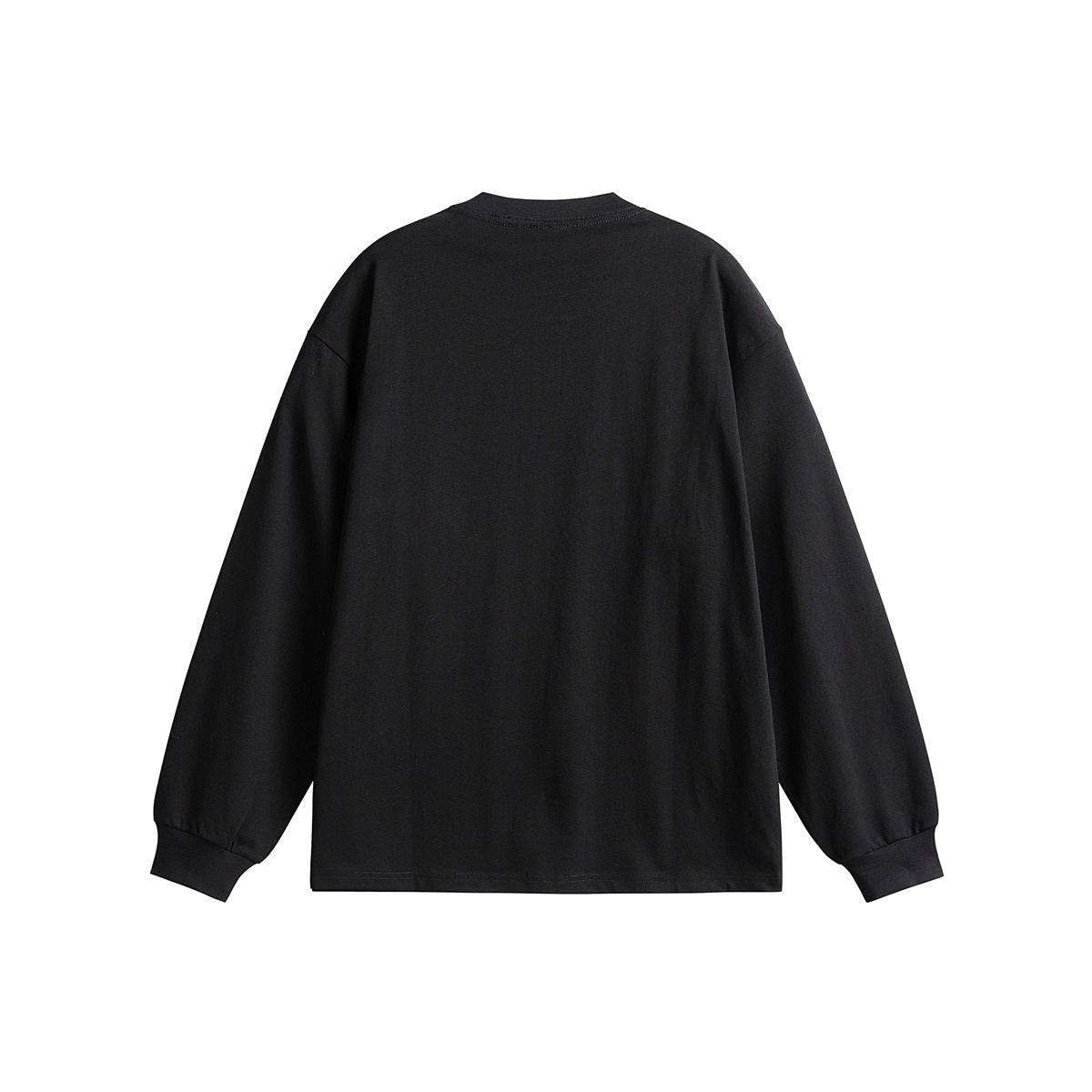 Back view of black long-sleeve tee with plain back, ribbed round collar, dropped shoulders and ribbed cuffs, flat lay