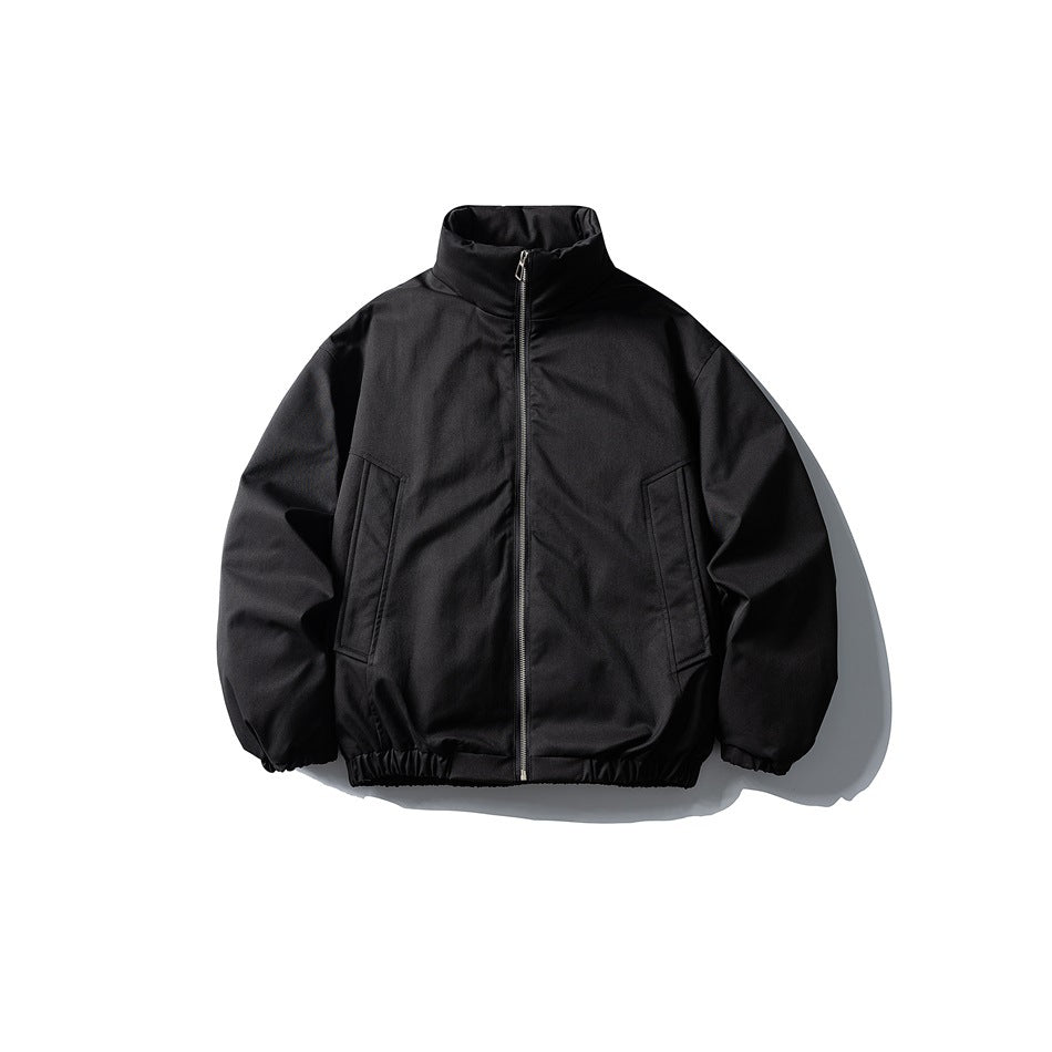 Black stand-collar zip-up puffer jacket, front flat view, with slanted pockets and elastic hem
