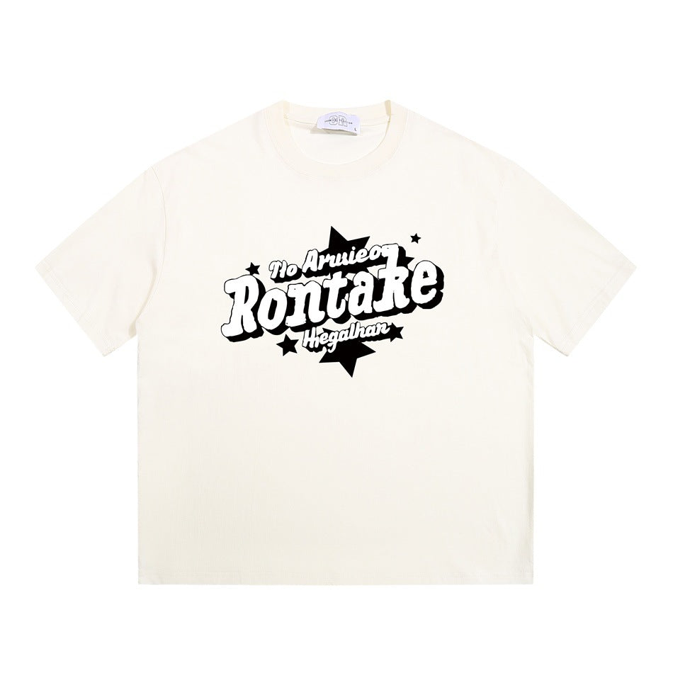 Apricot cream short-sleeve crew-neck T-shirt with black Rontake lettering and star graphic on the front
