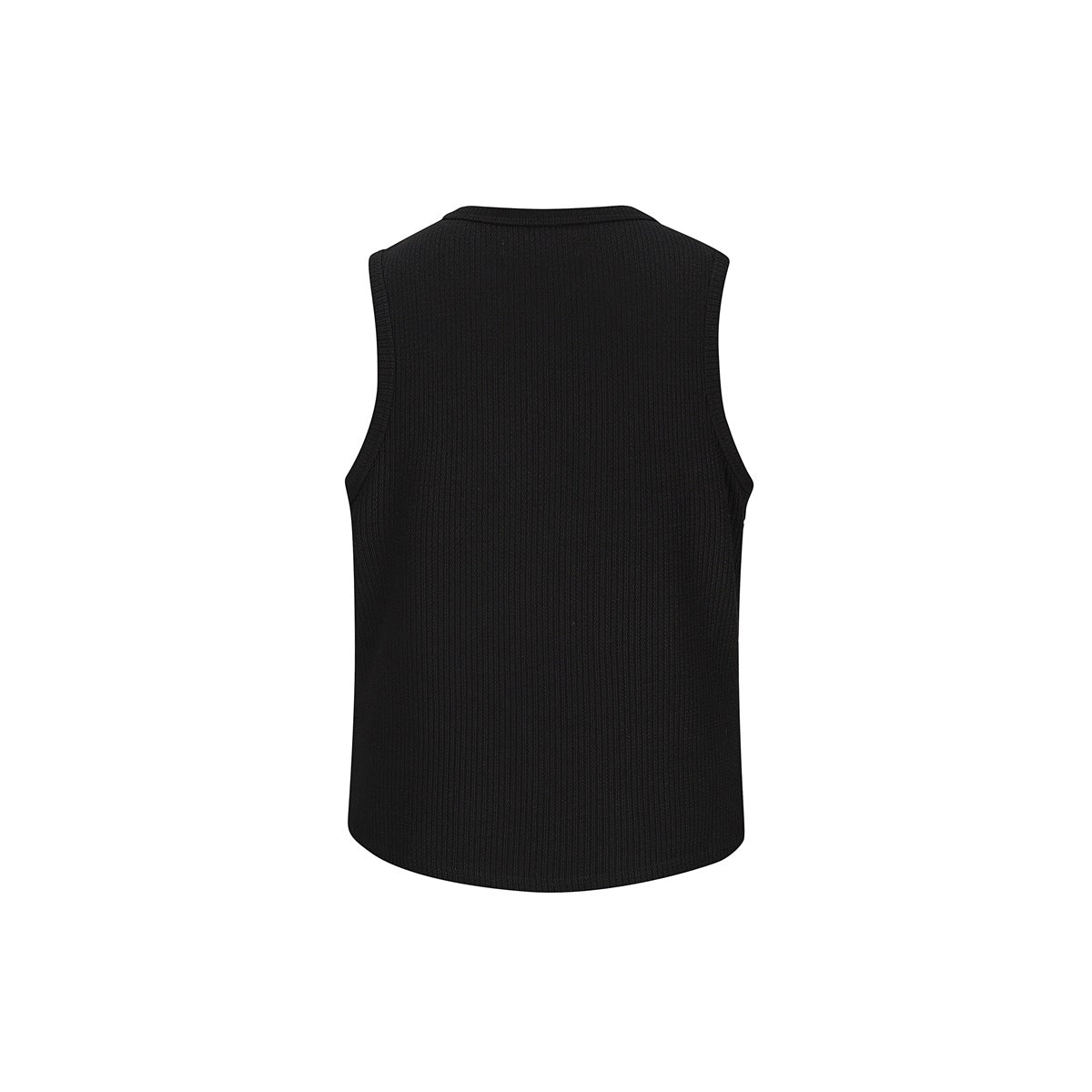 Black ribbed sleeveless tank top, back view flat on white