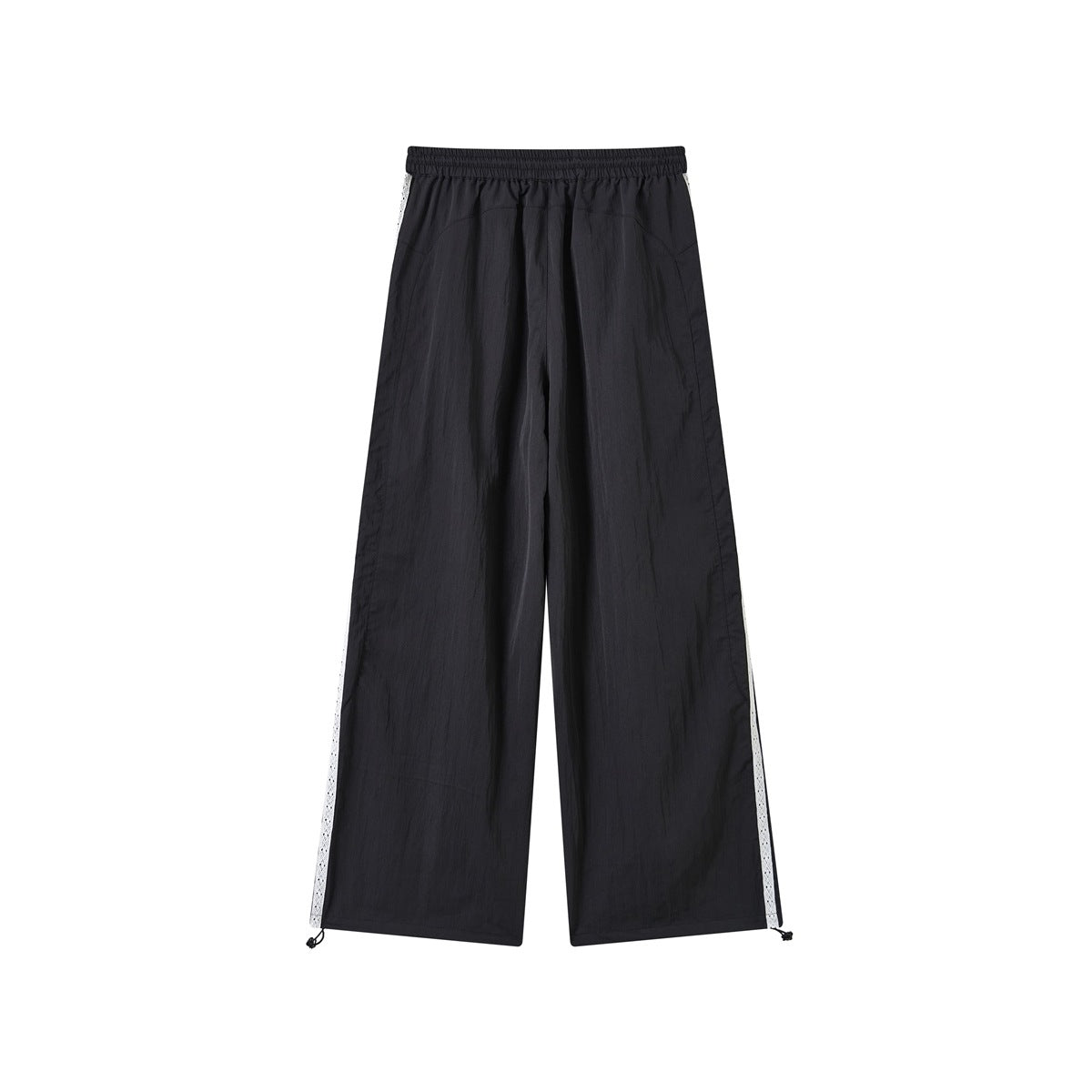 Black wide-leg pants back view with elastic waistband, side tape and hem drawcord toggles