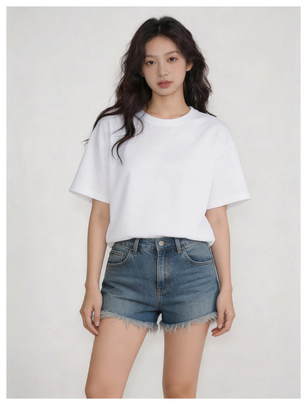 Woman wearing a plain white short-sleeve crew-neck T-shirt with blue denim shorts.
