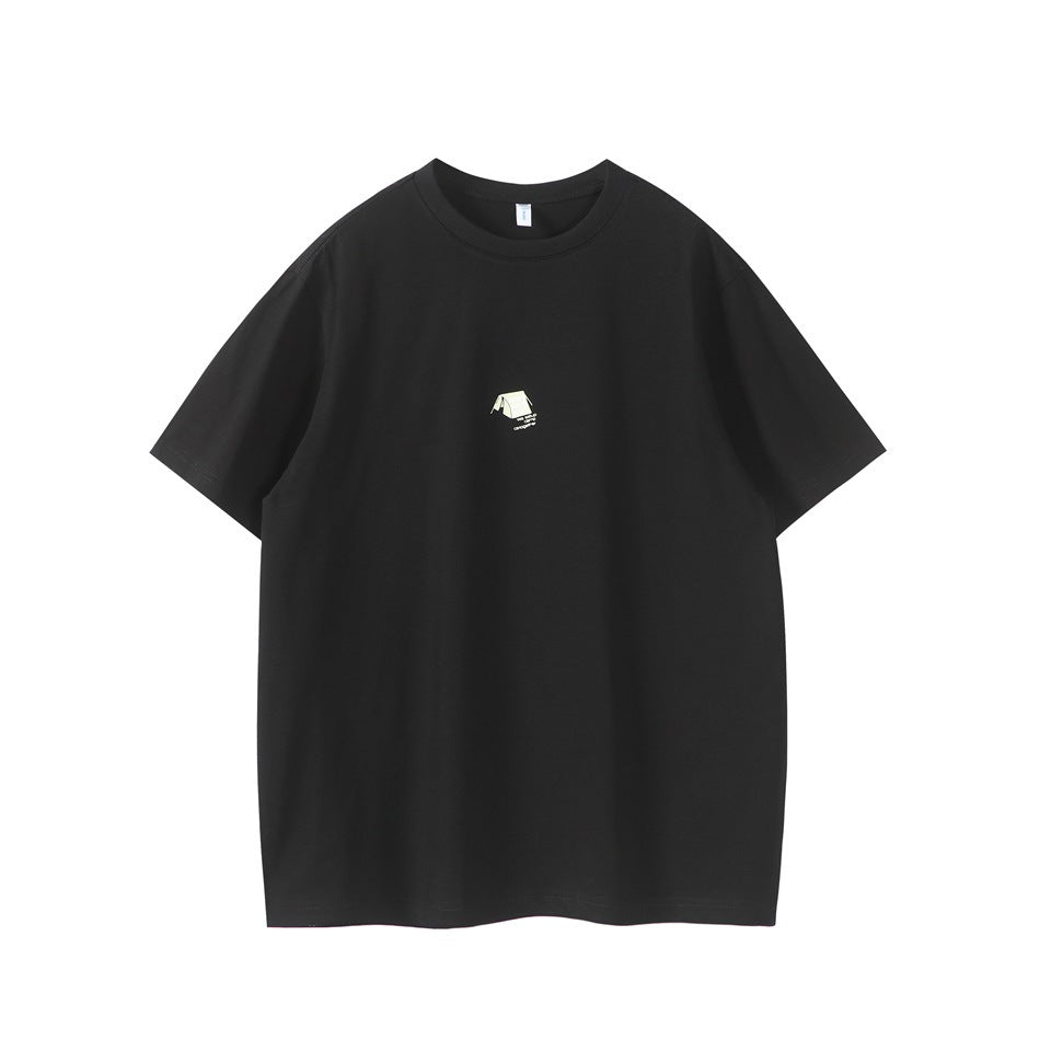 Black short-sleeve crew-neck T-shirt with a small tent graphic at center chest, flat front view