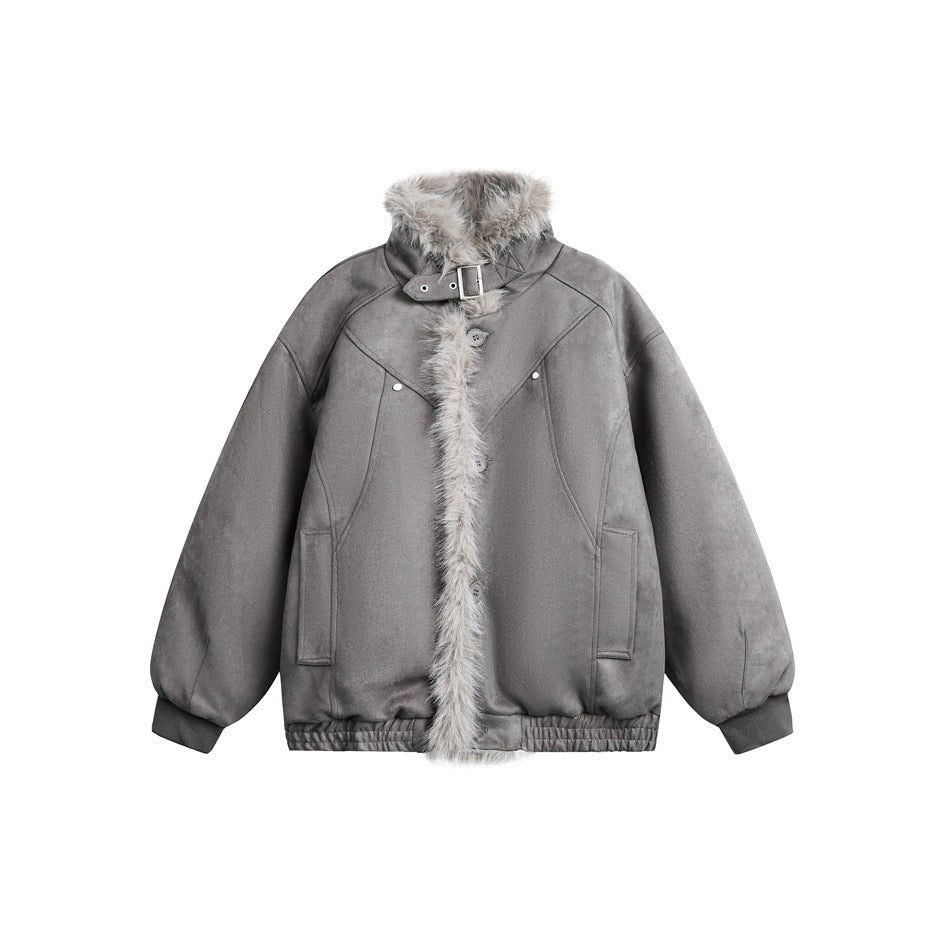 Gray suede-look jacket with fluffy fleece-like collar and front trim, collar buckle strap, pockets, ribbed cuffs, elastic hem