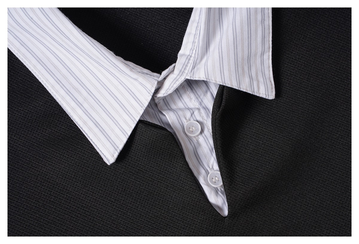 Close-up of the white striped collar and two-button placket against the black shirt.