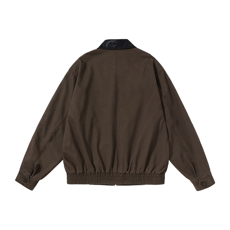 Back view of a dark taupe jacket with a black collar, center seam, long sleeves, and gathered hem.