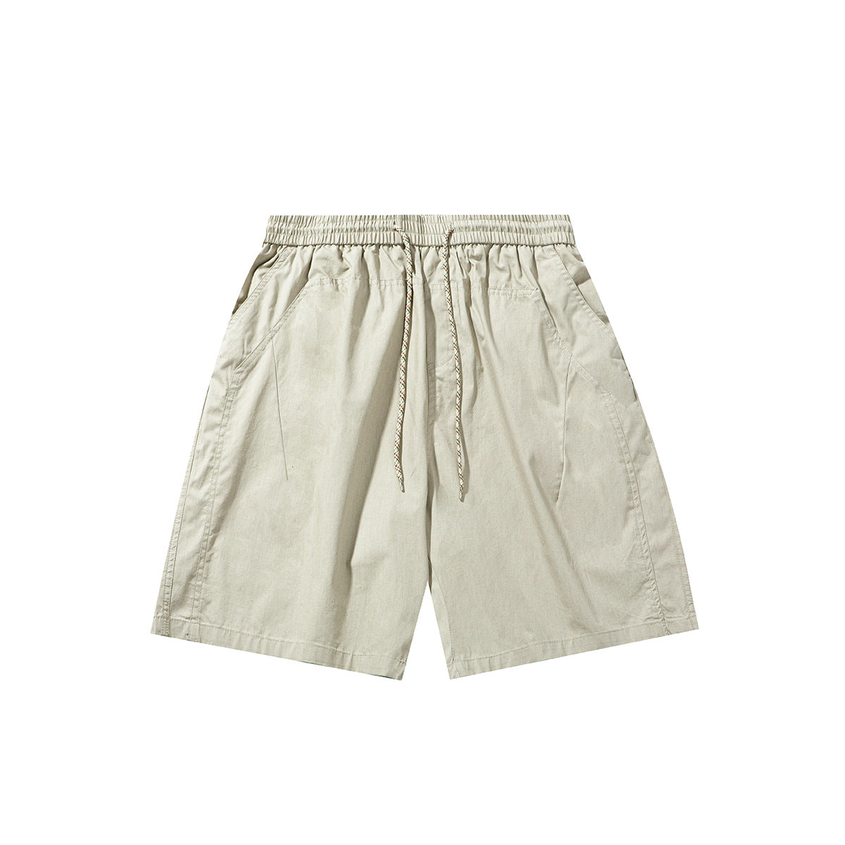 Light gray knee-length shorts with elastic waist, rope drawstring and slanted side pockets, flat front view