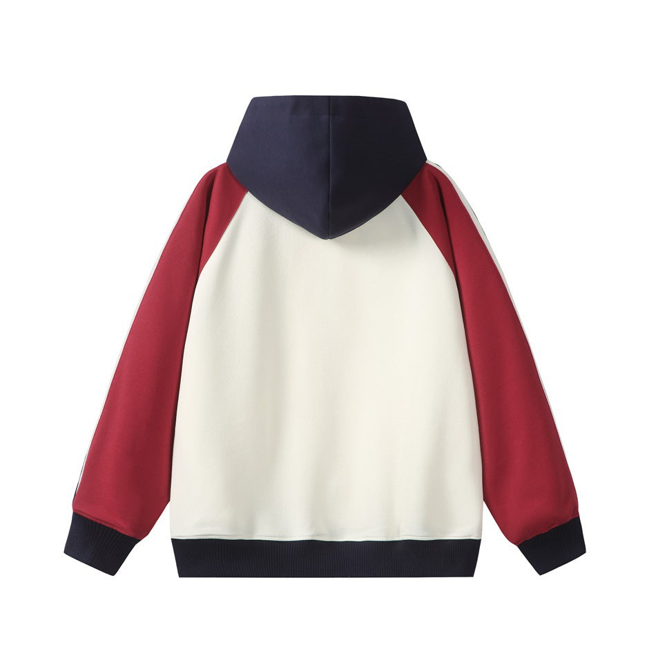 Back view of red and cream hooded jacket with navy hood, red raglan sleeves and navy ribbed hem