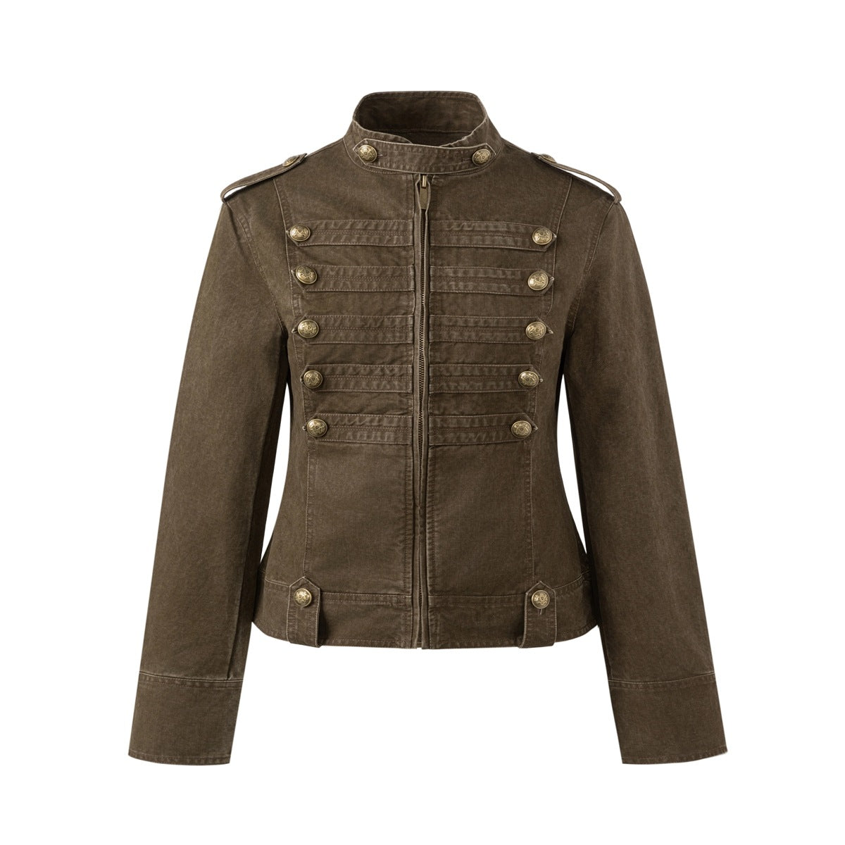 Brown stand-collar short jacket with zipper and rows of antique-gold buttons, flat front view