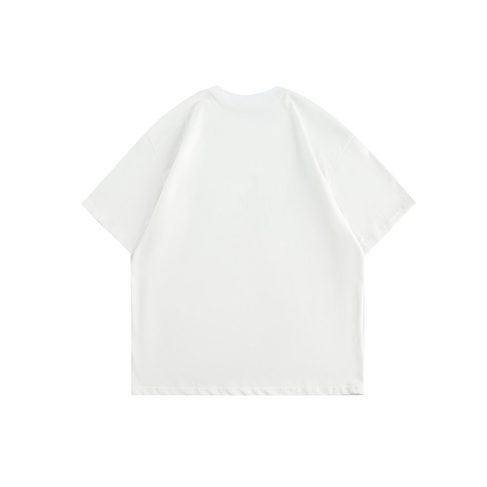 Back view of a plain white short-sleeve T-shirt with a crew neck.