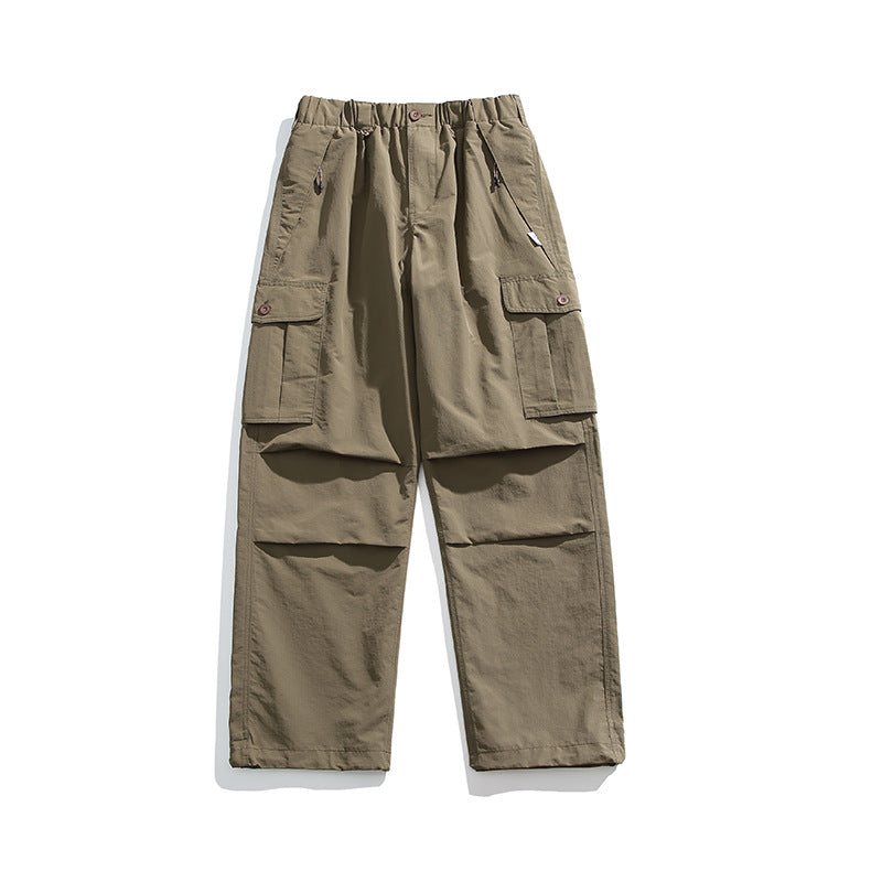Camel wide-leg cargo pants flat lay, front view, with elastic waist, flap cargo pockets and knee pleats