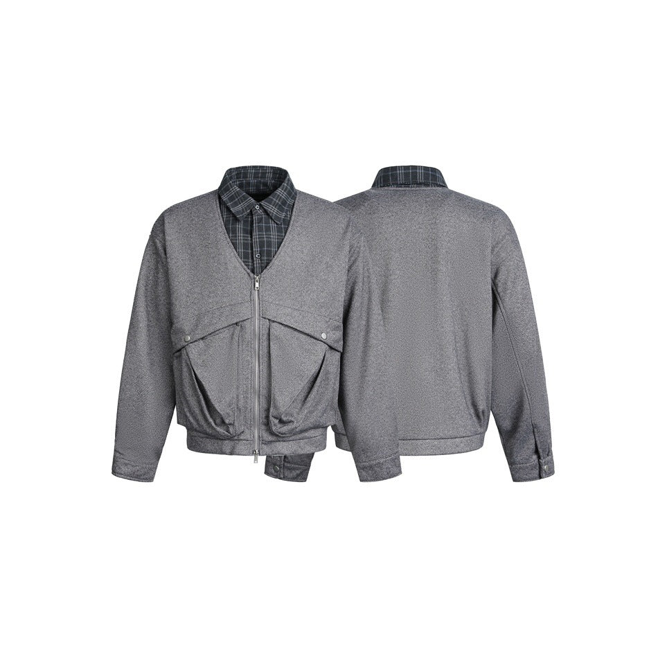 Gray zip-front jacket shown from front and back, with large flap pockets, snap cuffs, and a dark plaid collar layer.
