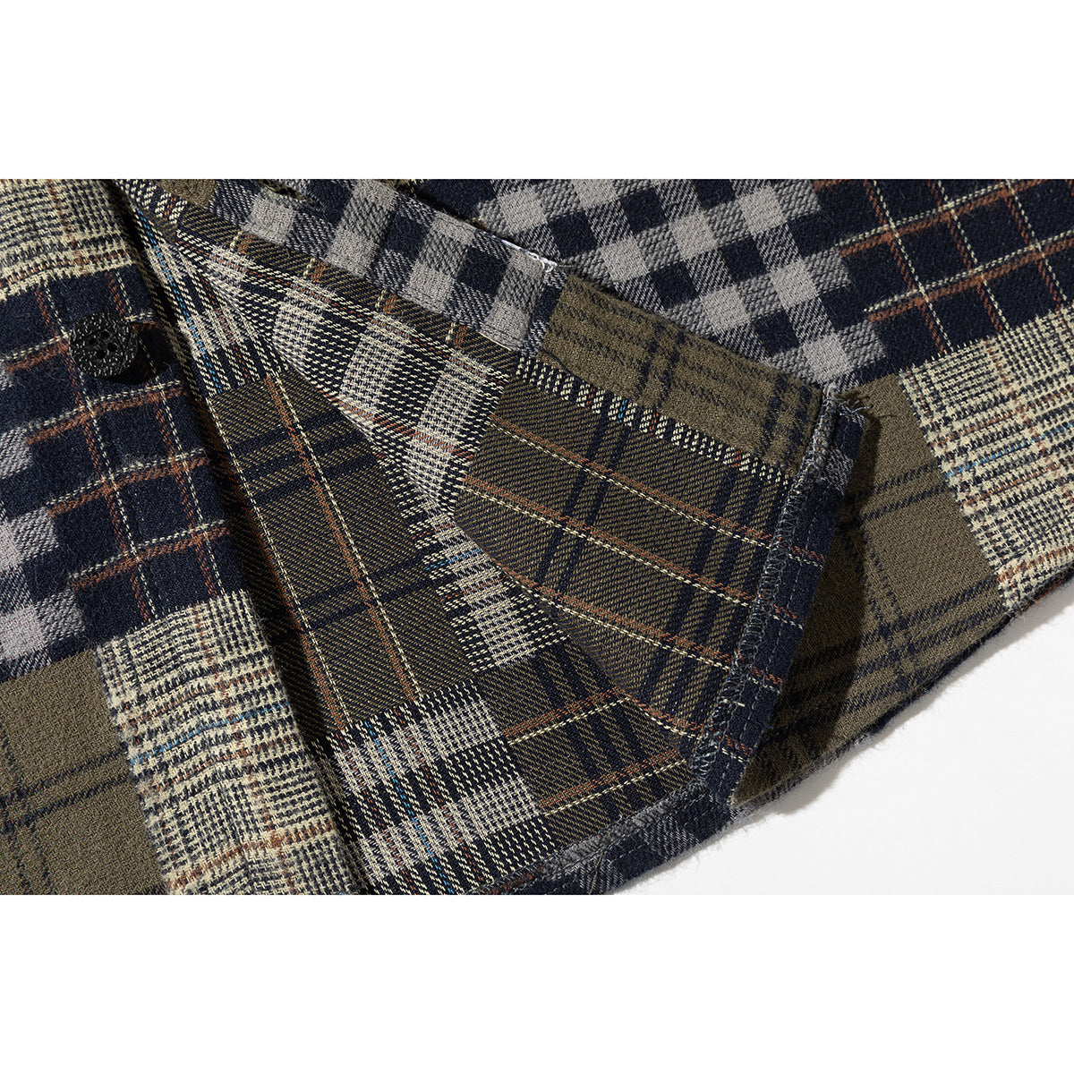 Close-up of mixed plaid shirt fabric, a button, and a stitched pocket edge.